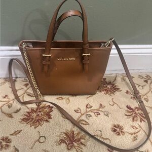 Michael Kors Brown Saffiano Crossbody Tote with Gold-Tone Chain